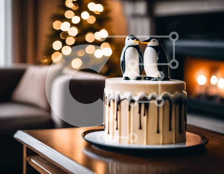 Intra Συλλεκτικό Ξύλινο Παζλ Plywood  4mm - Εορταστική τούρτα πιγκουίνου με τζάκι στο φόντο Σε Ξύλινο Κουτί - Διαστάσεις: 10x10 cm – 25 κομμάτια
