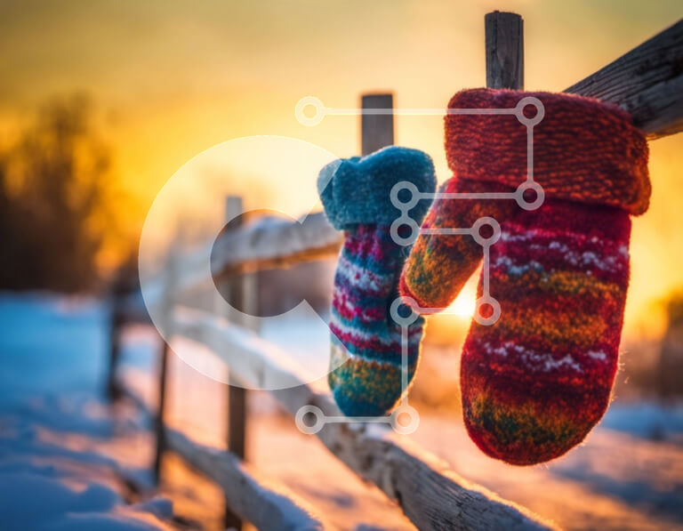 Intra Συλλεκτικό Ξύλινο Παζλ Plywood  4mm - Πολύχρωμα γάντια στον ξύλινο φράκτη στο χειμερινό τοπίο Σε Ξύλινο Κουτί - Διαστάσεις Puzzle: 10x10 cm – 25 κομμάτια