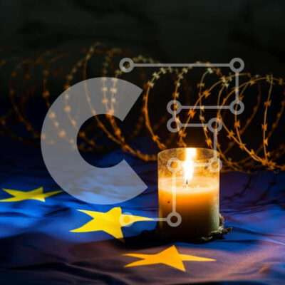 Intra Συλλεκτικό Ξύλινο Παζλ Plywood 4mm - Κερί σε συρματοπλέγματα μπροστά από τη σημαία της ΕΕ Σε Ξύλινο Κουτί - Διαστάσεις Puzzle: 10x10 cm – 25 κομμάτια - Image 1