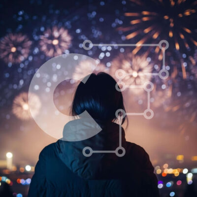 Intra Συλλεκτικό Ξύλινο Παζλ Plywood 4mm - Γυναίκα που απολαμβάνει πυροτεχνήματα με τον ορίζοντα της πόλης στο φόντο Σε Ξύλινο Κουτί - Διαστάσεις Puzzle: 10x10 cm – 25 κομμάτια - Image 1