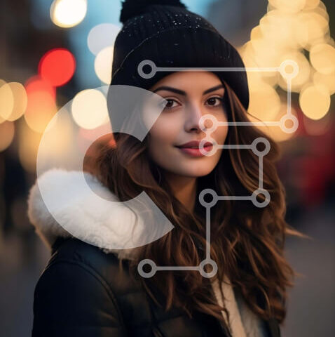 Intra Συλλεκτικό Ξύλινο Παζλ Plywood 4mm - Νεαρή γυναίκα με ασπρόμαυρη ενδυμασία που στέκεται μπροστά από ένα φωτισμένο αστικό τοπίο τη νύχτα Σε Ξύλινο Κουτί - Διαστάσεις Puzzle: 10x10 cm – 25 κομμάτια - Image 1