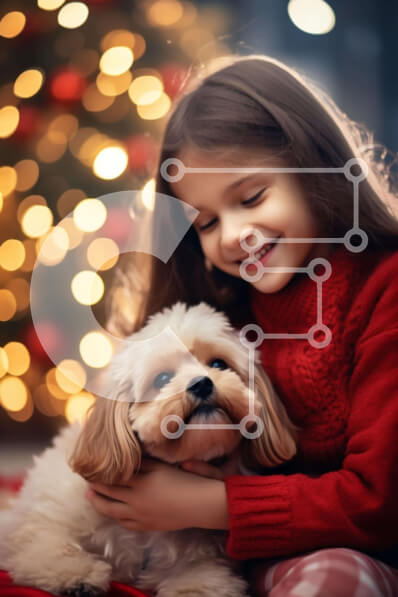 Intra Συλλεκτικό Ξύλινο Παζλ Plywood  4mm - Νεαρό κορίτσι που αγκαλιάζει το σκυλί της μπροστά από το χριστουγεννιάτικο δέντρο Σε Ξύλινο Κουτί - Διαστάσεις: 10x10 cm – 25 κομμάτια