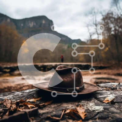 Intra Συλλεκτικό Ξύλινο Παζλ Plywood  4mm - Καφέ δερμάτινο καπέλο που στηρίζεται σε έναν βράχο στο δάσος Σε Ξύλινο Κουτί - Διαστάσεις: 10x10 cm – 25 κομμάτια - Image 1