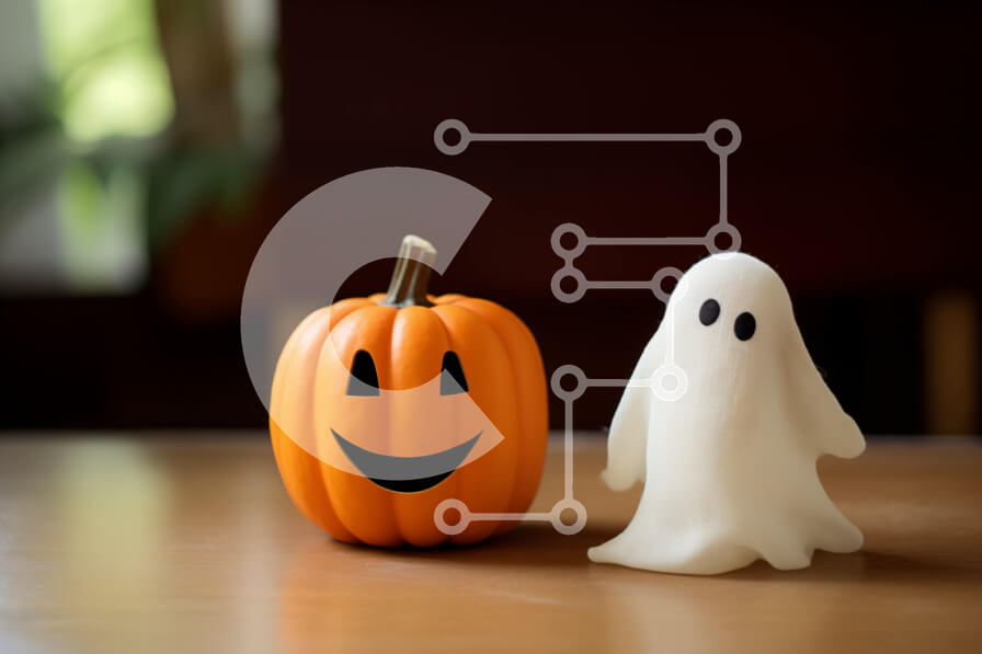 Intra Συλλεκτικό Ξύλινο Παζλ Plywood  4mm - Λευκό φάντασμα ειδώλιο και πορτοκαλί κολοκύθας Απόκριες διακόσμηση Σε Ξύλινο Κουτί - Διαστάσεις Puzzle: 10x10 cm – 25 κομμάτια