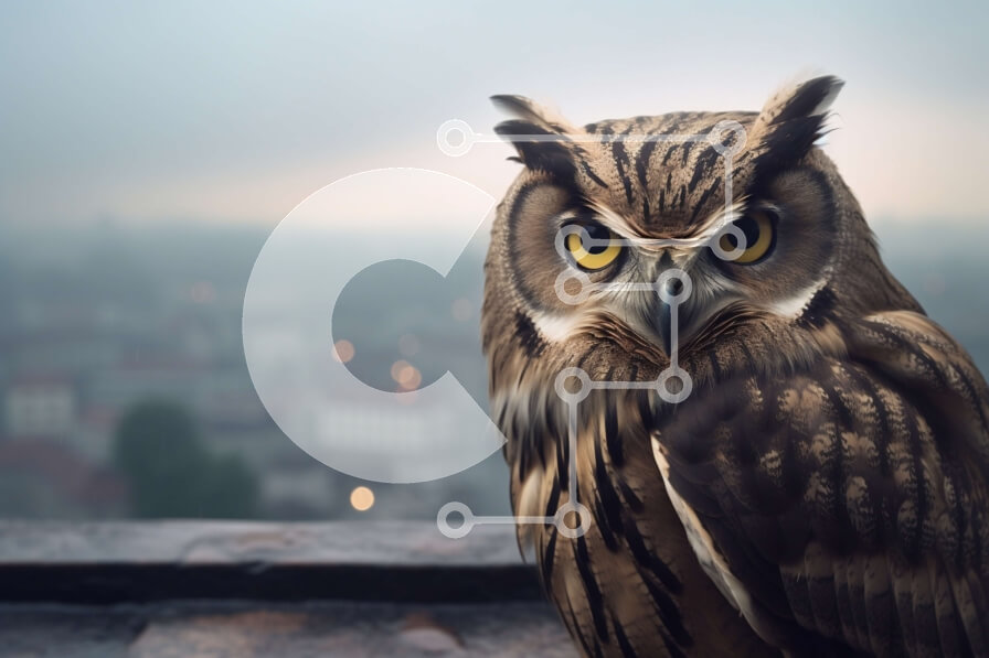 Intra Συλλεκτικό Ξύλινο Παζλ Plywood  4mm - Κουκουβάγια σκαρφαλωμένη σε μια προεξοχή με θέα στην πόλη Σε Ξύλινο Κουτί - Διαστάσεις: 10x10 cm – 25 κομμάτια