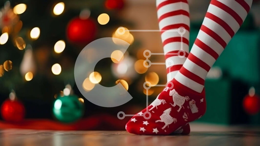 Intra Συλλεκτικό Ξύλινο Παζλ Plywood  4mm - Γυναίκα με κόκκινες και άσπρες κάλτσες μπροστά από το χριστουγεννιάτικο δέντρο Σε Ξύλινο Κουτί - Διαστάσεις: 10x10 cm – 25 κομμάτια