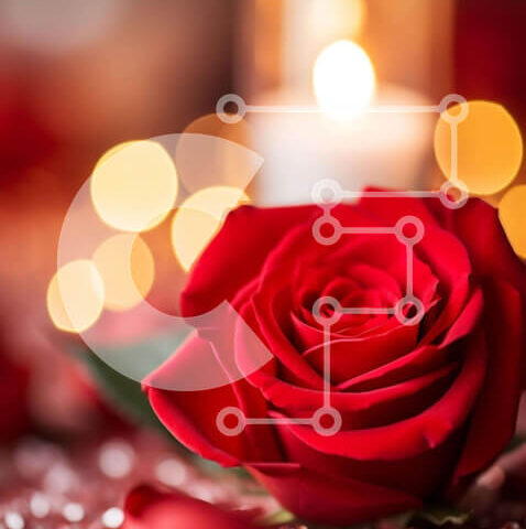 Intra Συλλεκτικό Ξύλινο Παζλ Plywood  4mm - Κόκκινο τριαντάφυλλο σε κομψό τραπέζι με κεριά και φώτα Bokeh Σε Ξύλινο Κουτί - Διαστάσεις Puzzle: 10x10 cm – 25 κομμάτια - Image 1