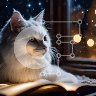 Intra Συλλεκτικό Ξύλινο Παζλ Plywood 4mm - Λευκή γάτα χαλαρώνει σε ένα ανοιχτό βιβλίο με το χιόνι να πέφτει έξω από το παράθυρο Σε Ξύλινο Κουτί - Διαστάσεις: 10x10 cm – 25 κομμάτια - Image 1