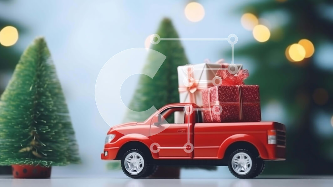 Intra Συλλεκτικό Ξύλινο Παζλ Plywood  4mm - Κόκκινο φορτηγό παιχνίδι που μεταφέρει δώρα μπροστά από χριστουγεννιάτικα δέντρα Σε Ξύλινο Κουτί - Διαστάσεις: 10x10 cm – 25 κομμάτια