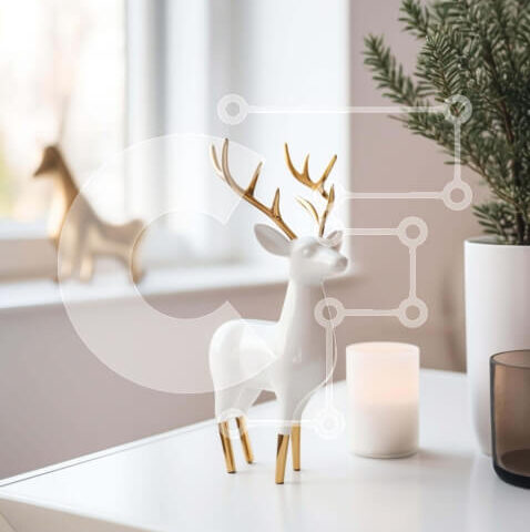 Intra Συλλεκτικό Ξύλινο Παζλ Plywood  4mm - Λευκό και χρυσό ειδώλιο ελαφιού στο τραπέζι με φυτό σε γλάστρα σε γιορτινά διακοσμημένο δωμάτιο Σε Ξύλινο Κουτί - Διαστάσεις Puzzle: 10x10 cm – 25 κομμάτια - Image 1
