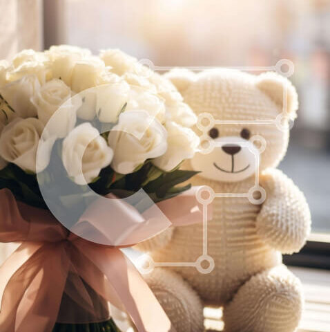 Intra Συλλεκτικό Ξύλινο Παζλ Plywood  4mm - Αρκουδάκι και λευκά τριαντάφυλλα στο περβάζι του παραθύρου Σε Ξύλινο Κουτί - Διαστάσεις Puzzle: 10x10 cm – 25 κομμάτια - Image 1