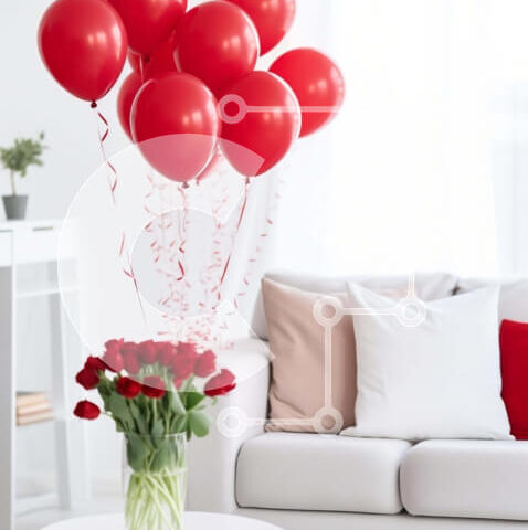 Intra Συλλεκτικό Ξύλινο Παζλ Plywood  4mm - Σαλόνι διακοσμημένο με κόκκινα τριαντάφυλλα και μπαλόνια Σε Ξύλινο Κουτί - Διαστάσεις Puzzle: 10x10 cm – 25 κομμάτια - Image 1