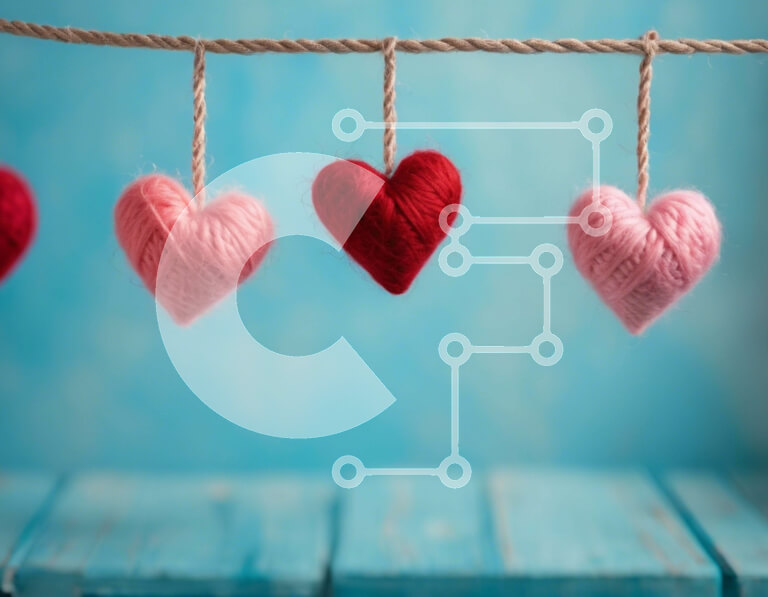 Intra Συλλεκτικό Ξύλινο Παζλ Plywood  4mm - Κόκκινα και ροζ στολίδια σε σχήμα καρδιάς σε μπλε φόντο Σε Ξύλινο Κουτί - Διαστάσεις: 10x10 cm – 25 κομμάτια