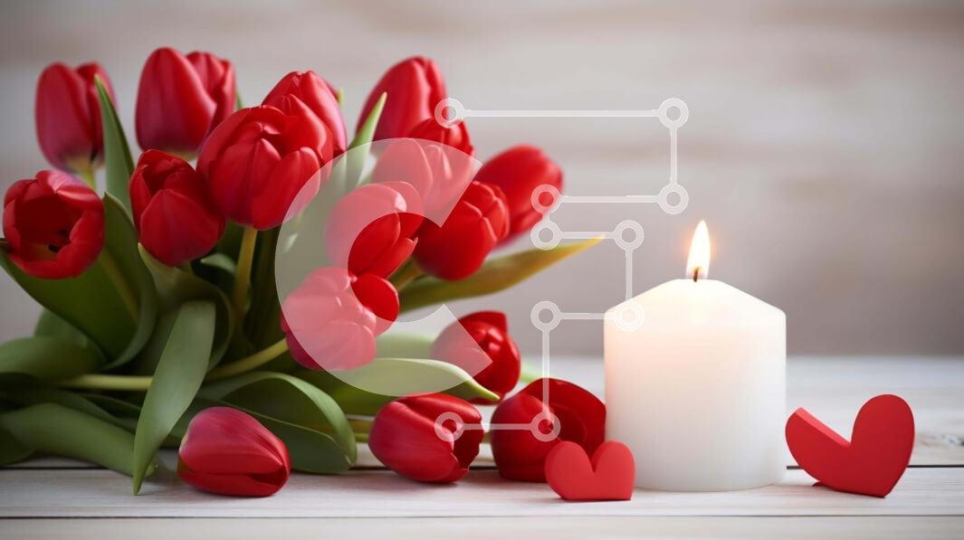 Intra Συλλεκτικό Ξύλινο Παζλ Plywood  4mm - Κερί του Αγίου Βαλεντίνου και κόκκινες τουλίπες με κοψίματα σε σχήμα καρδιάς Σε Ξύλινο Κουτί - Διαστάσεις: 10x10 cm – 25 κομμάτια