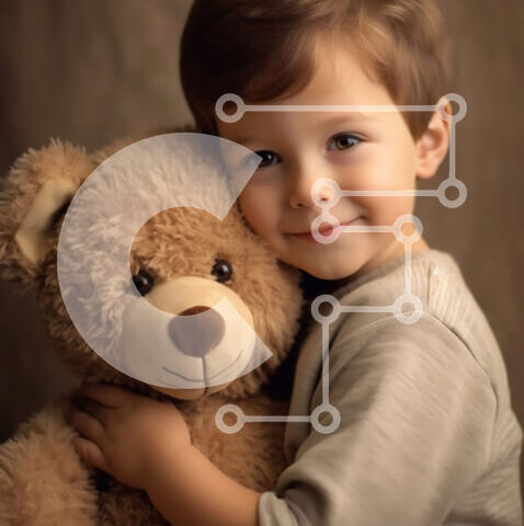 Intra Συλλεκτικό Ξύλινο Παζλ Plywood 4mm - Χαμογελαστό αγόρι με καστανά μαλλιά αγκαλιάζει ένα φιλικό αρκουδάκι Σε Ξύλινο Κουτί - Διαστάσεις Puzzle: 10x10 cm – 25 κομμάτια - Image 1