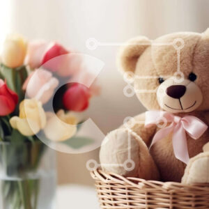 Intra Συλλεκτικό Ξύλινο Παζλ Plywood  4mm - Teddy Bear με λουλούδια σε ένα καλάθι Σε Ξύλινο Κουτί - Διαστάσεις Puzzle: 10x10 cm – 25 κομμάτια