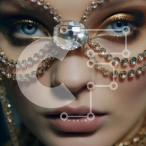 Intra Συλλεκτικό Ξύλινο Παζλ Plywood  4mm - Εκπληκτική γυναίκα που φορά μια μάσκα από χρυσό και διαμάντι με μπλε σκιά ματιών και ροζ χείλη Σε Ξύλινο Κουτί - Διαστάσεις Puzzle: 10x10 cm – 25 κομμάτια