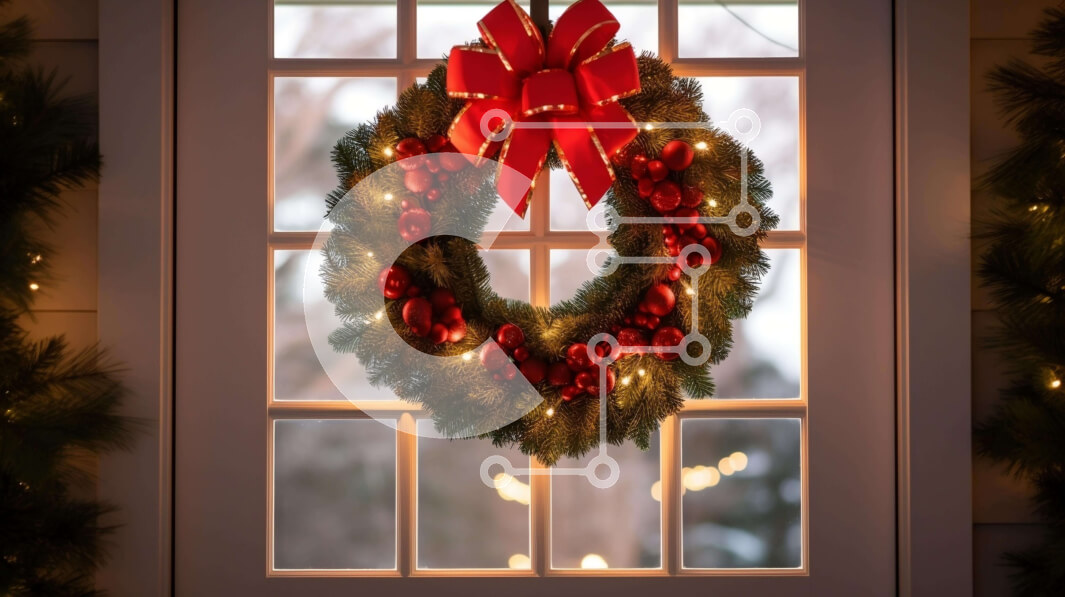 Intra Συλλεκτικό Ξύλινο Παζλ Plywood  4mm - Εορταστικό στεφάνι με κόκκινες κορδέλες και πράσινο Σε Ξύλινο Κουτί - Διαστάσεις: 10x10 cm – 25 κομμάτια