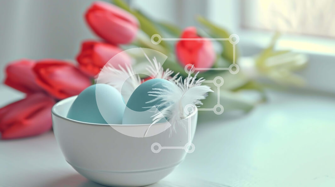 Intra Συλλεκτικό Ξύλινο Παζλ Plywood  4mm - Μπλε Πασχαλινά αυγά και κόκκινες τουλίπες σε ένα μπολ με φτερά Σε Ξύλινο Κουτί - Διαστάσεις: 10x10 cm – 25 κομμάτια