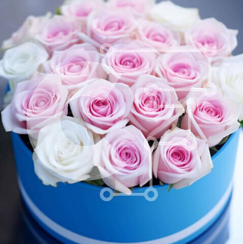 Intra Συλλεκτικό Ξύλινο Παζλ Plywood  4mm - Floral σύνθεση με ροζ και λευκά τριαντάφυλλα σε μπλε κουτί Σε Ξύλινο Κουτί - Διαστάσεις: 10x10 cm – 25 κομμάτια - Image 1