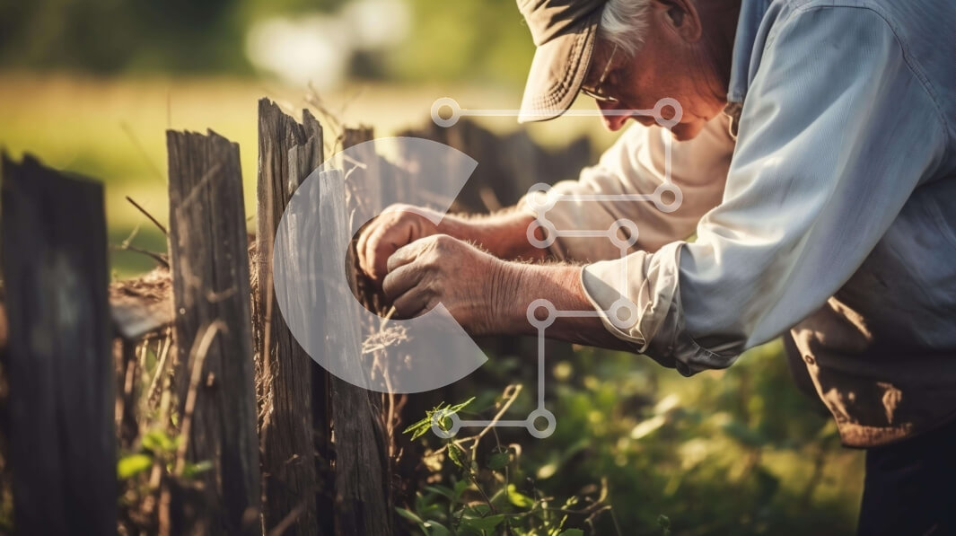 Intra Συλλεκτικό Ξύλινο Παζλ Plywood  4mm - Ηλικιωμένος που επισκευάζει έναν φράκτη στην ύπαιθρο Σε Ξύλινο Κουτί - Διαστάσεις Puzzle: 10x10 cm – 25 κομμάτια