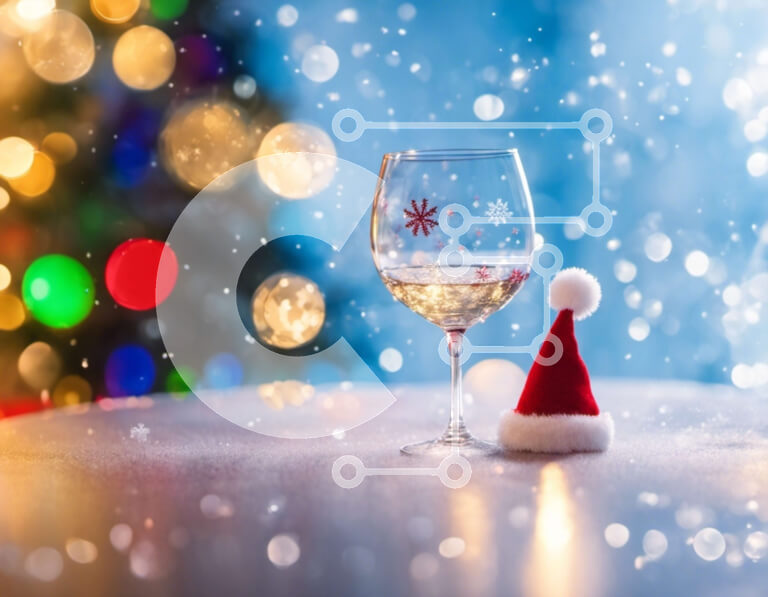 Intra Συλλεκτικό Ξύλινο Παζλ Plywood  4mm - Ποτήρι κρασιού και καπέλο Άγιου Βασίλη στο τραπέζι με φωτισμένο χριστουγεννιάτικο δέντρο Σε Ξύλινο Κουτί - Διαστάσεις: 10x10 cm – 25 κομμάτια