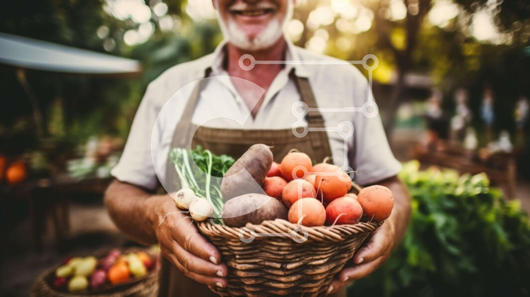 Intra Συλλεκτικό Ξύλινο Παζλ Plywood  4mm - Ηλικιωμένος άνδρας που χαμογελά με το καλάθι με φρέσκα λαχανικά Σε Ξύλινο Κουτί - Διαστάσεις Puzzle: 10x10 cm – 25 κομμάτια