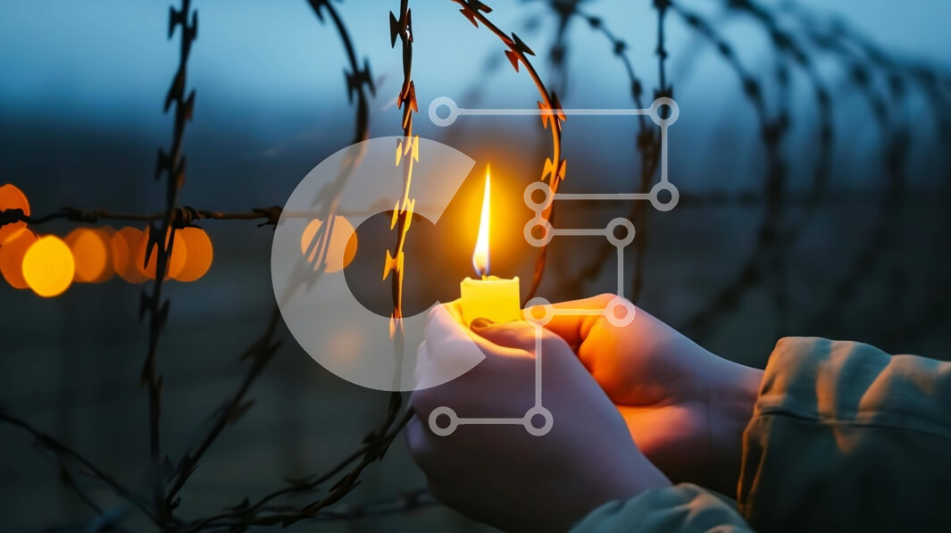 Intra Συλλεκτικό Ξύλινο Παζλ Plywood  4mm - Άτομο που κρατά πορτοκαλί κερί μπροστά από συρματοπλέγματα Σε Ξύλινο Κουτί - Διαστάσεις Puzzle: 10x10 cm – 25 κομμάτια