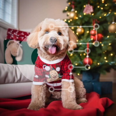 Intra Συλλεκτικό Ξύλινο Παζλ Plywood  4mm - Εορταστικό σκυλί μπροστά από το χριστουγεννιάτικο δέντρο Σε Ξύλινο Κουτί - Διαστάσεις: 10x10 cm – 25 κομμάτια - Image 1