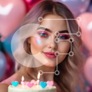 Intra Συλλεκτικό Ξύλινο Παζλ Plywood  4mm - Γιορτάζοντας με στυλ - Νεαρή γυναίκα με τούρτα γενεθλίων και πολύχρωμα μπαλόνια Σε Ξύλινο Κουτί - Διαστάσεις Puzzle: 10x10 cm – 25 κομμάτια