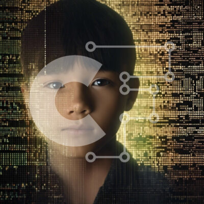 Intra Συλλεκτικό Ξύλινο Παζλ Plywood  4mm - Νεαρό αγόρι που στέκεται μπροστά από το αφηρημένο ψηφιακό υπόβαθρο Σε Ξύλινο Κουτί - Διαστάσεις Puzzle: 10x10 cm – 25 κομμάτια - Image 1