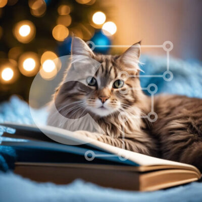 Intra Συλλεκτικό Ξύλινο Παζλ Plywood  4mm - Άνετη γάτα με το βιβλίο και το χριστουγεννιάτικο δέντρο Σε Ξύλινο Κουτί - Διαστάσεις: 10x10 cm – 25 κομμάτια - Image 1