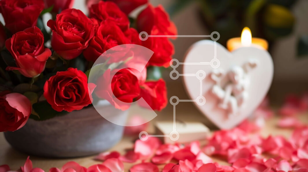 Intra Συλλεκτικό Ξύλινο Παζλ Plywood  4mm - Κόκκινα τριαντάφυλλα σε βάζο με ροζ πέταλα και κερί σε σχήμα καρδιάς Σε Ξύλινο Κουτί - Διαστάσεις Puzzle: 10x10 cm – 25 κομμάτια