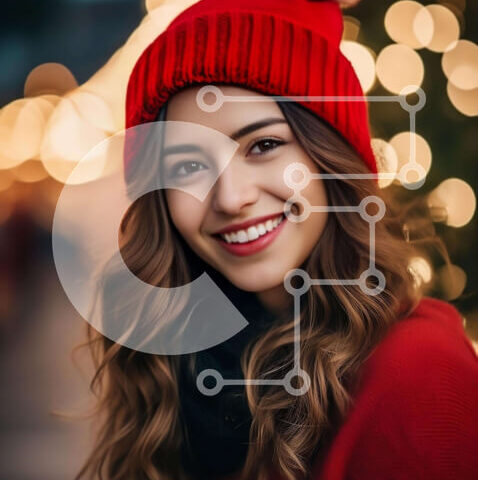 Intra Συλλεκτικό Ξύλινο Παζλ Plywood  4mm - Χαμογελαστή γυναίκα στα κόκκινα με μακριά σγουρά μαλλιά μπροστά από ένα φωτισμένο χριστουγεννιάτικο δέντρο Σε Ξύλινο Κουτί - Διαστάσεις: 10x10 cm – 25 κομμάτια - Image 1