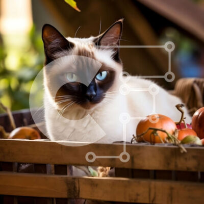 Intra Συλλεκτικό Ξύλινο Παζλ Plywood  4mm - Σιαμέζικη γάτα σε ένα καλάθι με κολοκύθες Σε Ξύλινο Κουτί - Διαστάσεις: 10x10 cm – 25 κομμάτια - Image 1