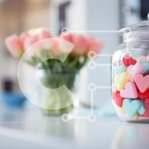 Intra Συλλεκτικό Ξύλινο Παζλ Plywood  4mm - Πολύχρωμες καραμέλες σε σχήμα καρδιάς σε γυάλινο βάζο με ροζ τουλίπες Σε Ξύλινο Κουτί - Διαστάσεις Puzzle: 10x10 cm – 25 κομμάτια