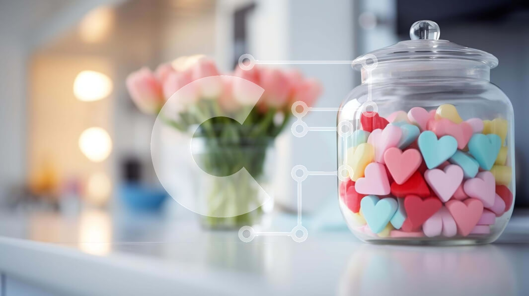 Intra Συλλεκτικό Ξύλινο Παζλ Plywood  4mm - Πολύχρωμες καραμέλες σε σχήμα καρδιάς σε γυάλινο βάζο με ροζ τουλίπες Σε Ξύλινο Κουτί - Διαστάσεις Puzzle: 10x10 cm – 25 κομμάτια