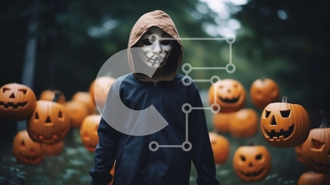 Intra Συλλεκτικό Ξύλινο Παζλ Plywood  4mm - Πρόσωπο με πορτοκαλί κουκούλα και μάσκα που περιβάλλεται από κολοκύθες Σε Ξύλινο Κουτί - Διαστάσεις: 10x10 cm – 25 κομμάτια