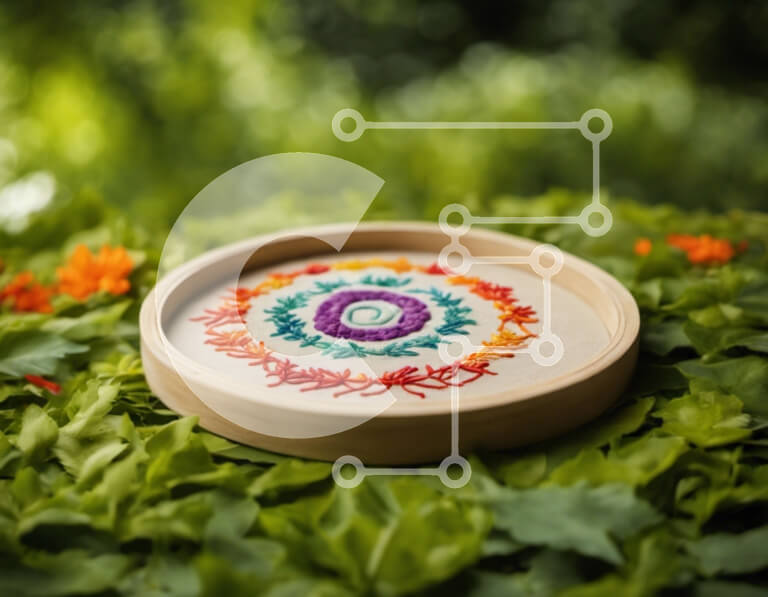 Intra Συλλεκτικό Ξύλινο Παζλ Plywood  4mm - Κυκλικό τσέρκι κεντήματος με πράσινα φύλλα και λουλούδια Σε Ξύλινο Κουτί - Διαστάσεις Puzzle: 10x10 cm – 25 κομμάτια