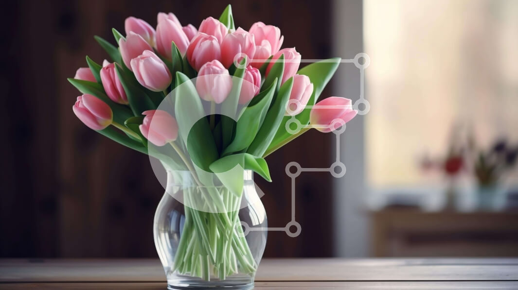 Intra Συλλεκτικό Ξύλινο Παζλ Plywood  4mm - Ροζ τουλίπες σε γυάλινο βάζο σε ξύλινο τραπέζι Σε Ξύλινο Κουτί - Διαστάσεις: 10x10 cm – 25 κομμάτια