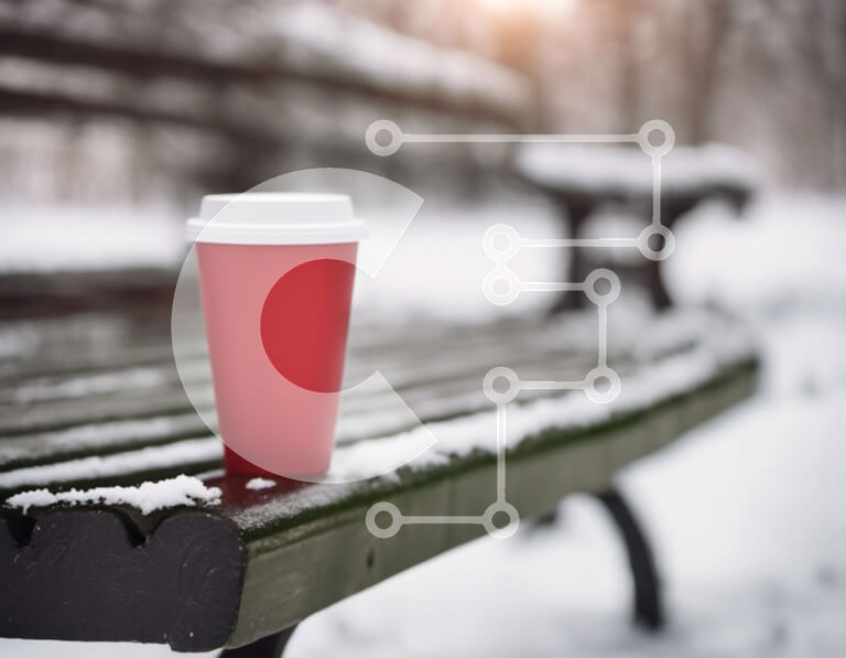 Intra Συλλεκτικό Ξύλινο Παζλ Plywood  4mm - Χειμερινό τοπίο με κόκκινο φλιτζάνι καφέ στον πάγκο Σε Ξύλινο Κουτί - Διαστάσεις Puzzle: 10x10 cm – 25 κομμάτια