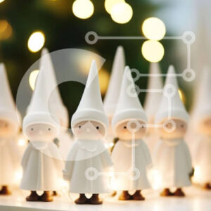 Intra Συλλεκτικό Ξύλινο Παζλ Plywood  4mm - Ομάδα λευκών ειδωλίων Gnome στο τραπέζι με φωτισμένο φόντο Σε Ξύλινο Κουτί - Διαστάσεις Puzzle: 10x10 cm – 25 κομμάτια