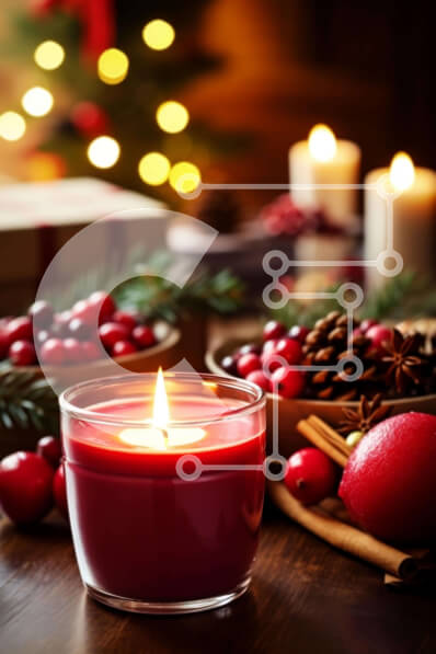 Intra Συλλεκτικό Ξύλινο Παζλ Plywood  4mm - Κόκκινο κερί με γιορτινά στολίδια σε ξύλινο τραπέζι Σε Ξύλινο Κουτί - Διαστάσεις Puzzle: 10x10 cm – 25 κομμάτια