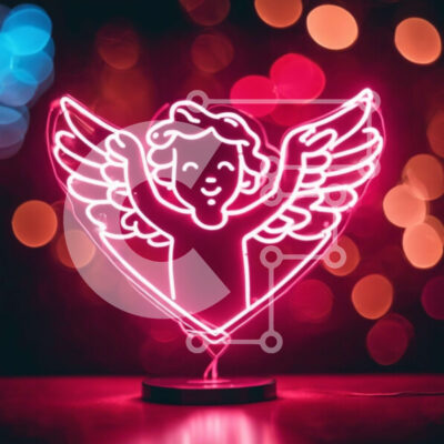 Intra Συλλεκτικό Ξύλινο Παζλ Plywood  4mm - Γλυπτό καρδιάς φτερών αγγέλου νέον σε φόντο Bokeh Σε Ξύλινο Κουτί - Διαστάσεις Puzzle: 10x10 cm – 25 κομμάτια - Image 1