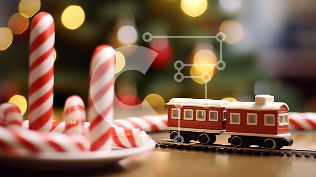 Intra Συλλεκτικό Ξύλινο Παζλ Plywood  4mm - Τρένο παιχνιδιών και καλάμια καραμελών στη σκηνή διακοπών Σε Ξύλινο Κουτί - Διαστάσεις: 10x10 cm – 25 κομμάτια