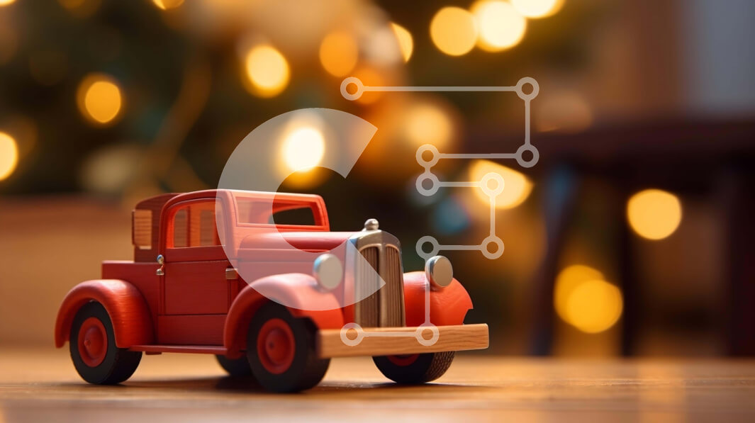 Intra Συλλεκτικό Ξύλινο Παζλ Plywood  4mm - Κόκκινο φορτηγό παιχνίδι μπροστά από το φωτισμένο χριστουγεννιάτικο δέντρο Σε Ξύλινο Κουτί - Διαστάσεις Puzzle: 10x10 cm – 25 κομμάτια