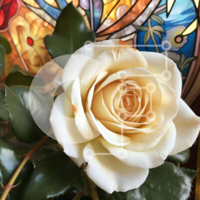 Intra Συλλεκτικό Ξύλινο Παζλ Plywood 4mm - Λευκό τριαντάφυλλο μπροστά από περίπλοκα διακοσμημένο βιτρό Σε Ξύλινο Κουτί - Διαστάσεις: 10x10 cm – 25 κομμάτια - Image 1