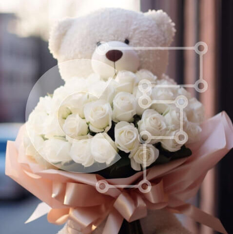 Intra Συλλεκτικό Ξύλινο Παζλ Plywood 4mm - Λευκό αρκουδάκι με μπουκέτο λευκά τριαντάφυλλα Σε Ξύλινο Κουτί - Διαστάσεις Puzzle: 10x10 cm – 25 κομμάτια - Image 1