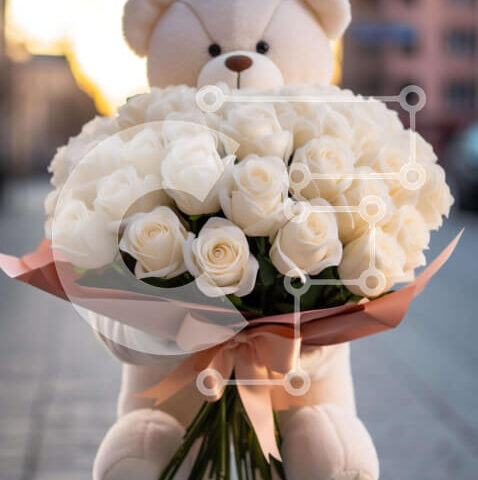 Intra Συλλεκτικό Ξύλινο Παζλ Plywood  4mm - Teddy Bear που κρατά λευκά τριαντάφυλλα Σε Ξύλινο Κουτί - Διαστάσεις: 10x10 cm – 25 κομμάτια - Image 1