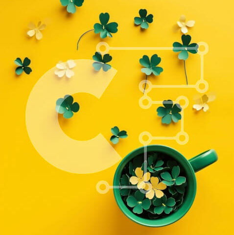 Intra Συλλεκτικό Ξύλινο Παζλ Plywood 4mm - Κύπελλο ημέρας του Αγίου Πατρικίου με χάρτινα τριφύλλια σε κίτρινο φόντο Σε Ξύλινο Κουτί - Διαστάσεις: 10x10 cm – 25 κομμάτια - Image 1